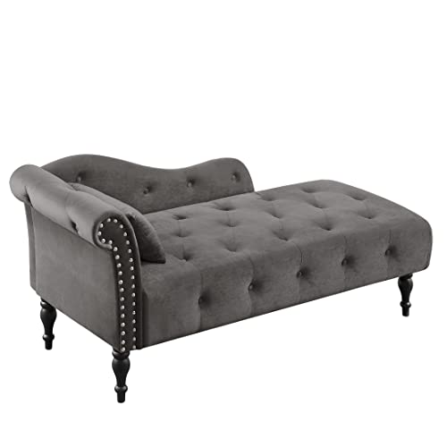 60" Modern Velvet Chaise Lounge Indoor, Upholstered Chair with Left Armrest and Lumbar Pillow, Button Tufted Lounge Sofa for Living Room Bedroom Office, Mini Chaise Longue Sofa (Grey) - color: Grey