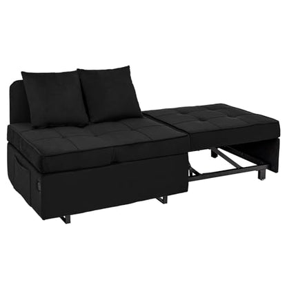 Convertible Sofa Bed 4-in-1 Pull Out Couch, Ottoman Bed Sleeper, Black | Velvet Love seat Couch Sleeper Chair Bed with USB Ports, 5 Adjustable Backrest and Pillow for Living Room Apartment Office - color: Black