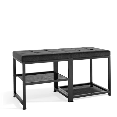 DreamDashio Set of 2 Small Shoe Storage Benches with PU Leather Cushion, 3-Tier Shoe Rack Organizer for Entryway, Metal Mesh Shelves, Holds Up to 300 lbs, Black (31.5"x11.4"x17.5") - color: Black, size: 31.5"L