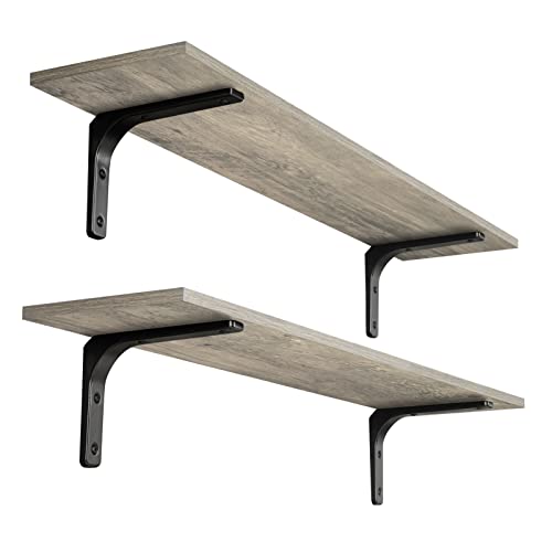 Long Wall Shelves, 39.4Inch Wooden Wall Mounted Shelves, Set of 2 | Large Floating Book Shelves, Metal Brackets, Easy Assembly, Max Load 33lbs, Wall Storage Ledges, Bedroom/Bathroom, Gray Wash - color: Gray Wash, size: 39.4 Inch