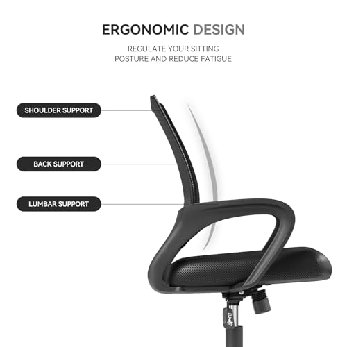 Ergonomic Office Chair, Mid-Back Mesh Desk Chair, Computer Chair, Black | Lumbar Support, Rocking Mode, Height Adjustable, Fixed Armrest, for Computer, Gaming, Conference, Meeting - color: Black