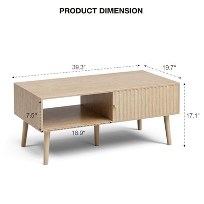 LCRBOL Coffee Table with Fluted Sliding Door, Modern, Natural | 39.3"L x 19.7"W x 17.1"H, double-sided sliding door & open shelf (7.5" clearance), golden knob, 5 tapered legs - color: Oak(lsj012-n)