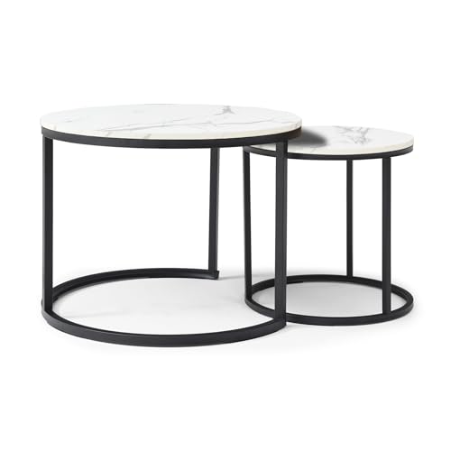 24" Marble Pattern Accent Side Table, Modern Nesting Side Tables with Metal Frame, Space-Saving Nesting Coffee Table Set for Living Room Apartment, White - color: White