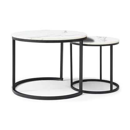 24" Marble Pattern Accent Side Table, Modern Nesting Side Tables with Metal Frame, Space-Saving Nesting Coffee Table Set for Living Room Apartment, White - color: White