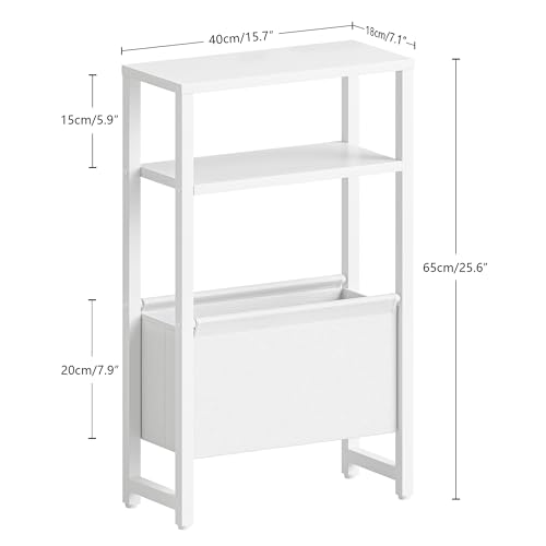 Narrow Side Table, Slim End Table with Magazine Rack, Skinny Bedside Table for Small Spaces, 3 Tier Sofa Couch Table Nightstand for Living Room, Bedroom, White LET503W - color: White, style: No Charging Station