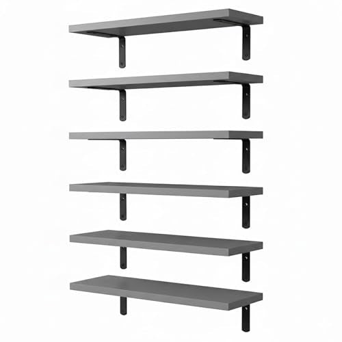 Floating Shelves Set of 6, Wooden Floating Shelves for Wall Decor, Farmhouse Shelf for Bedroom, Wall Mounted Bathroom Storage Shelves, Floating Book Shelves for Living Room - color: Grey