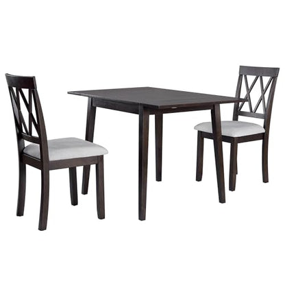 Merax Farmhouse Wooden Dining Set of 3, 45.6 inch Extendable Kitchen Table with Drop Leaf, 2 Chairs with Backrest for Small Space, Easy Assemble Espresso