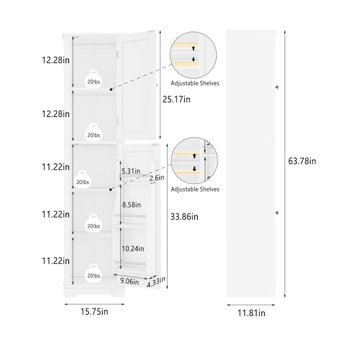Function Home 높은 보관 캐비닛, 162.6cm(64인치) 좁은 욕실 캐비닛, 도어 보관 선반이 있는 독립형 주방 식료품 저장실, 주방 다이닝 거실용 나무 슬림 바닥 캐비닛, 화이트 - color: 슬림 화이트, size: 15.8"Wx11.81"Dx64"H