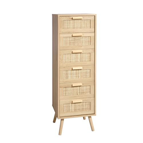 Finnhomy Rattan Dresser for Bedroom, Tall Dresser with 6 Hand Made Rattan Decorated Drawers, Small Chest of Drawers for Living Room, Closet, Hallway, Natural - size: 15.5"D x 15.7"W x 49"H (6 Drawers)