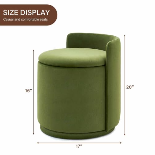 360° Swivel Makeup Chair with Storage, Upholstered Accent Stool with Back, Round Vanity Stool Ottoman for Living Room, Makeup Room, Bedroom (Green) - color: Green