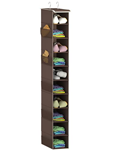 Libeder 10-Shelf Hanging Closet Shoe Organizers with Side Pockets, Coffee | Hanging Closet Organizer with Side Pockets for Wardrode,Dorm, Folding Shoe Racks, Space Saving Hanging Shelves with Hooks - color: Coffee With 6 Mesh Bags