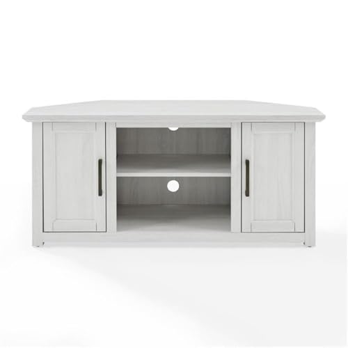 Pemberly Row Modern Rustic Wood Corner TV Stand, 48 in, Whitewash Finish, Fits TVs Up to 50 in, Adjustable Shelving, Cable Management, Antique Brass Hardware, MDF Construction, Living Room - color: Whitewash