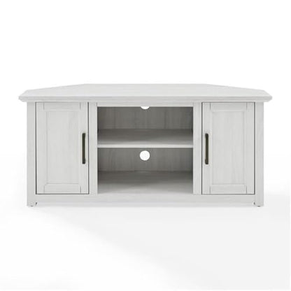 Pemberly Row Modern Rustic Wood Corner TV Stand, 48 in, Whitewash Finish, Fits TVs Up to 50 in, Adjustable Shelving, Cable Management, Antique Brass Hardware, MDF Construction, Living Room - color: Whitewash