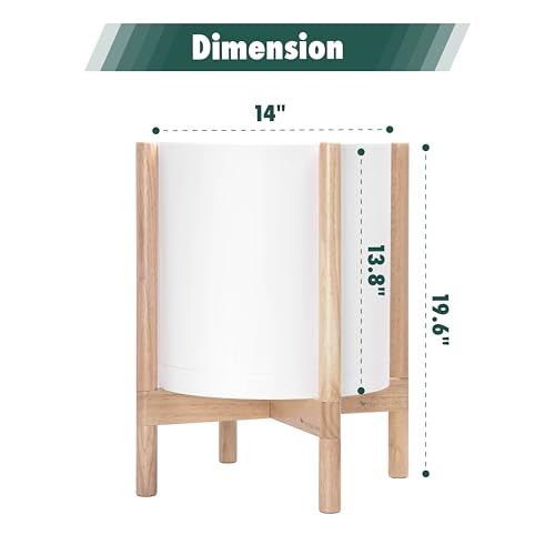 D'vine Dev Plastic Pot with Natural Wood Stand, White, 14 in, 55-C-S-1 | Mid-Century Inspired Design, Elevated Plant Display, Clean Lines, Sturdy Support, Modern Space-Saving Style - color: Matte White Pot + Natural Stand, size: 14 Inch