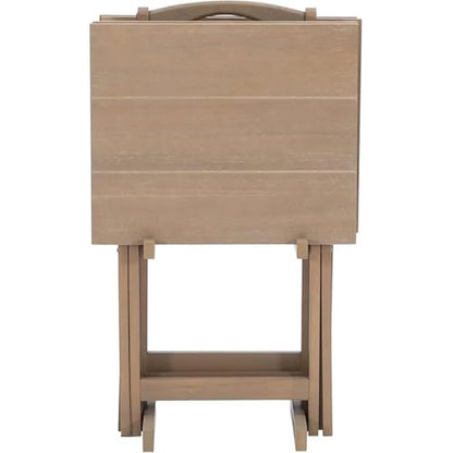 Riverbay Furniture 5 Piece TV Tray Table Set, Rubberwood & MDF, Gray Acacia Finish, 4 Foldable Tray Tables & Storage Stand, Rustic Planked Top, Portable Handle, Sturdy Home Furniture - color: Natural