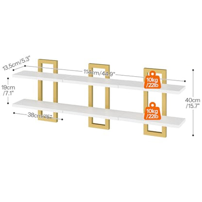 HOOBRO Floating Shelves, 15 Inch Wall Shelf Set of 3, Wall Mounted Storage Shelves 2-Tier, Hanging Bathroom Shelves, for Living Room, Bedroom, Bathroom, Kitchen, White and Gold DW32BJP301 - color: White + Gold