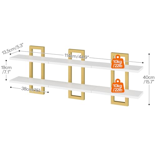 HOOBRO Floating Shelves, 15 Inch Wall Shelf Set of 3, Wall Mounted Storage Shelves 2-Tier, Hanging Bathroom Shelves, for Living Room, Bedroom, Bathroom, Kitchen, White and Gold DW32BJP301 - color: White + Gold