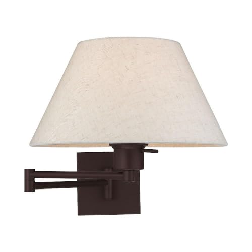 Livex Lighting 40038-07 1-Light Swing Arm Wall Light, Bronze | Oatmeal Fabric Shade - color: Bronze