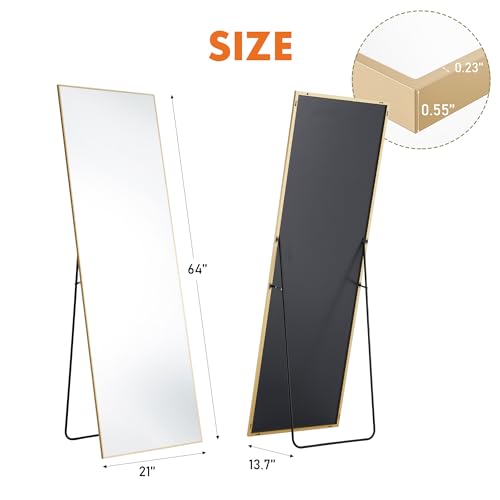 OLIXIS 64"x21.5" Full Length Mirror with Stand, Body Mirror | Shatter-Proof Glass, Hanging or Leaning for Wall, Floor Standing, Bedroom Living Room, Long, Gold - color: Gold-rectangle, size: 64"L x 21.5"W