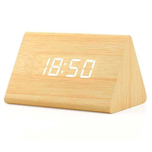 Digital Alarm Clock Wooden Alarm Clock Wood Modern Triangle Alarm Digital Desk Clock, Displays Time Date Temperature Calendar Wood Made Electric Clocks for Bedroom, Bedside - Bamboo - color: Wood