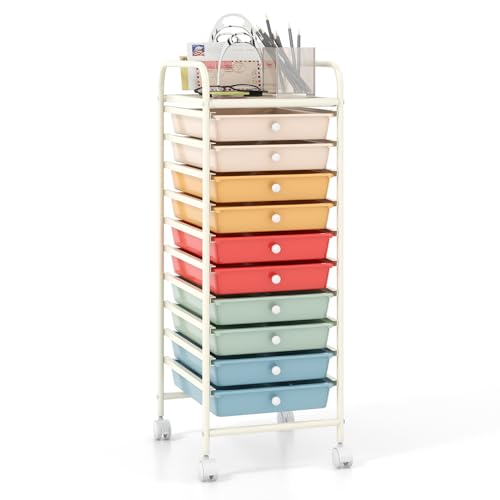 COSTWAY 10-Drawer Rolling Storage Cart, Utility Mobile Trolley | Removable Drawers & Universal Casters & 2 Brakes, Versatile Flexible Drawer Organizer Cart for Home, Office (Macaron) - color: Macaron, size: 13"L x 15"W x 34"H (10 Drawer)