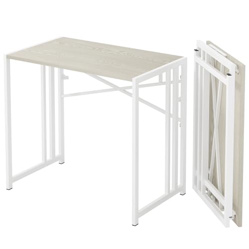 Lutown-Teen 35 inch Small Folding Desk, Natural and White | Writing Gaming Computer Camping Desk for Small Spaces, No Assembly Required Home Office Table - color: Natural and White, size: 35 Inch