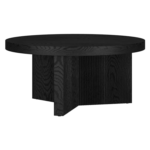 Henn&Hart 32" Scandinavian Fluted Coffee Table, Natural Black | Ribbed pedestal base and low profile bring Scandinavian style to small spaces including living rooms or family rooms - color: Natural Black, size: 32 inches