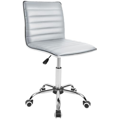 JUMMICO Armless Vanity Office Chair with Wheels, Small Cute Makeup Desk Chair Ribbed Leather Swivel Computer Task Chair (Light Gray) - color: Light Gray