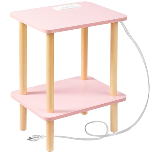 FORAOFUR Pink Side Table with Charging Station, Small Side Table Living Room with 2 USB Ports and Outlets, End Tables for Small Spaces in Living Room, Bedroom & Nursery, 2 Tier Nightstand - color: Pink