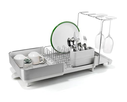 Joseph Joseph Extend Steel Plus Extendable Dish Rack Steel, Small to Large Dish Drainer with Wine Glass Holder & Drain Spout - color: Light Stone, style: Plus