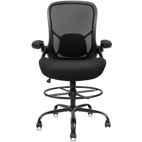 400lbs Big and Tall Heavy Duty Drafting Chair 5" Thickened Seat Tall Office Chair Flip-Up Armrests Ergonomic Chair with Lumbar Support and Adjustable Footrest Ring Standing Desk Chair (Black) - color: Black