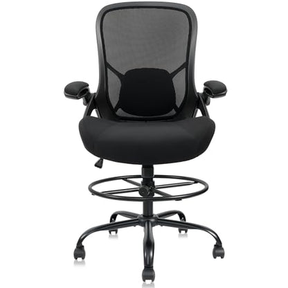 400lbs Big and Tall Heavy Duty Drafting Chair 5" Thickened Seat Tall Office Chair Flip-Up Armrests Ergonomic Chair with Lumbar Support and Adjustable Footrest Ring Standing Desk Chair (Black) - color: Black