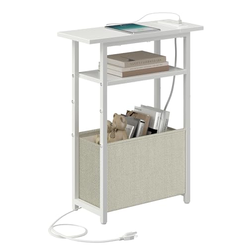 sthmec Narrow Side Table with Charging Station, Small End Table for Small Spaces, Skinny Nightstands with Storage Basket, 3 Tier Sofa Couch Bedside Tables for Living Room,Bedroom, White - color: White, size: Power Only