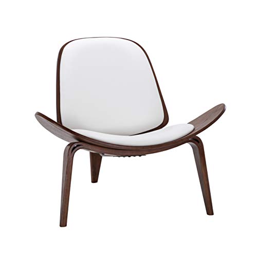 Belleze Mid-Century Modern Shell Side Accent Tripod Plywood Lounge Chair Walnut Upholstered Faux Leather, White - color: White, size: 1 Chair