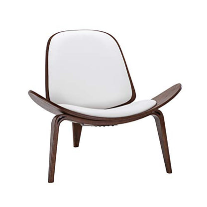 Belleze Mid-Century Modern Shell Side Accent Tripod Plywood Lounge Chair Walnut Upholstered Faux Leather, White - color: White, size: 1 Chair