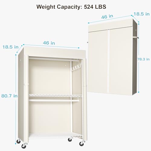 White Clothing Rack with Beige Cover, P1C Plus Rolling Closet | Metal Garment Rack with Wheels for Hanging Clothes, Portable Clothing Storage Wardrobe - color: White Rack with Beige Cover