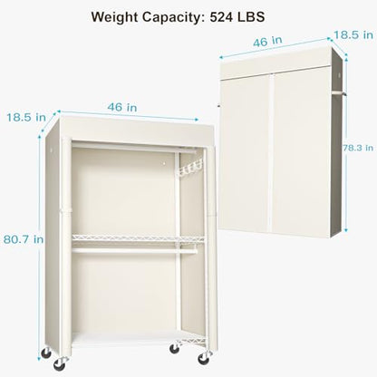 White Clothing Rack with Beige Cover, P1C Plus Rolling Closet | Metal Garment Rack with Wheels for Hanging Clothes, Portable Clothing Storage Wardrobe - color: White Rack with Beige Cover