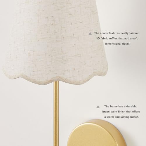 Boho Fabric Wall Sconces Set of 2 Plug-in | Wall Light Brass Paint Finish with Flower Linen Shade Set of 2 for Bedside, Living Room, Fireplace, Hallway