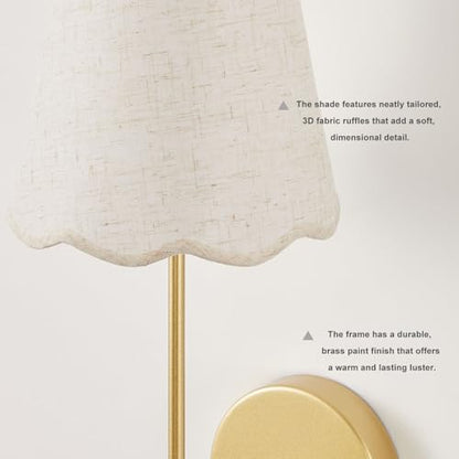 Boho Fabric Wall Sconces Set of 2 Plug-in | Wall Light Brass Paint Finish with Flower Linen Shade Set of 2 for Bedside, Living Room, Fireplace, Hallway