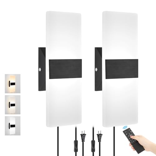 Plug in Wall Sconces with Adjustable 3000K-6500K Colors & 10%-100% Brightness, Wall Sconces Set of Two with Remote, 12W Acrylic LED Plug in Wall Light, Sconces Wall Decor Set of 2 (2 PACK,Black) - size: 2 PACK, Black