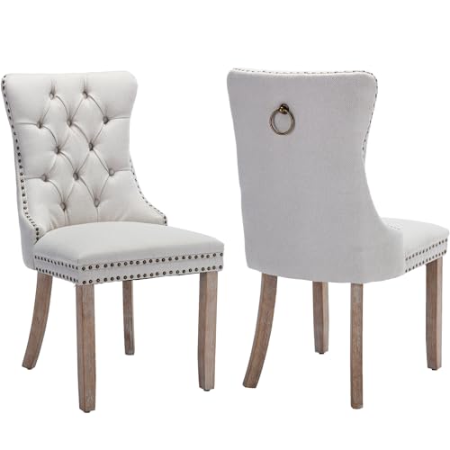 Beige-White Dining Chairs Set of 2, Tufted Kitchen & Dining Room Chairs | Two Fabric Tufted Dinning Chairs, Linen Upholstered, Wing Back, Metal Pull Ring, Wood Frame, Mid Century Modern - color: A-2 Beige Linen, Wood Legs, size: 2