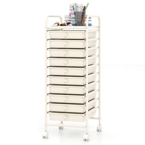 COSTWAY 10-Drawer Rolling Storage Cart, Utility Mobile Trolley | Removable Drawers & Universal Casters & 2 Brakes, Versatile Flexible Drawer Organizer Cart for Home, Office (White) - color: White, size: 13"L x 15"W x 34"H (10 Drawer)