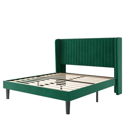 SHA CERLIN Full Size Velvet Bed Frame, Tufted Wingback Headboard, Green | 47'' Modern Vertical Channel Headboard, Upholstered Platform Bed, Wood Slats, No Box Spring Needed, Easy Assembly, Noise Free - color: Green, size: Full