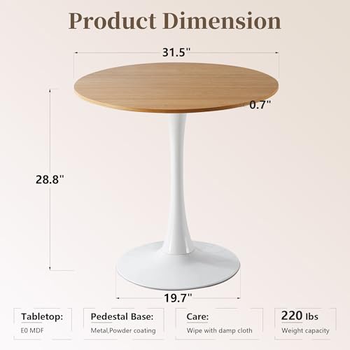 80cm 원형 식탁, 금속 받침대 베이스가 있는 중세 튤립 테이블, 좁은 공간의 주방 다이닝 룸을 위한 현대적인 레저 테이블, 쉬운 조립, 화이트 및 오크 - color: 화이트/오크, size: 31.5 Inch