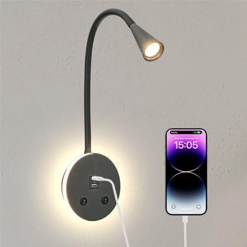 Book Lights for Reading at Night, LED Wall Mounted Reading Light, Flexible Gooseneck Wall Lamps for Bedroom, Plug in Wall Lights with USB Charging, Bedside Wall Sconces Focused Bed Lamp (Black) - color: Black
