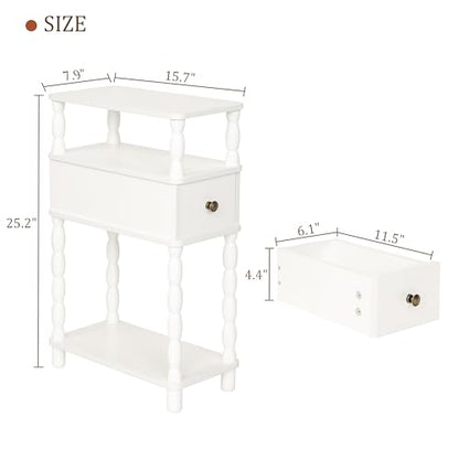 MaxSmeo White Narrow End Table, Small Side Table Living Room, Skinny Bedside Table Nightstand with Drawer for Small Spaces, Bedroom (White) - color: White