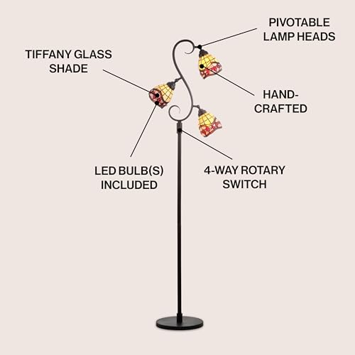 JONATHAN Y Walker 3-Light Tiffany Floor Lamp Stained Glass 70.5", Bronze | Traditional Handcrafted Metal Tree Design, Multi-Color Cone Shades, LED Bulbs Included, UL Listed, Silk Cord