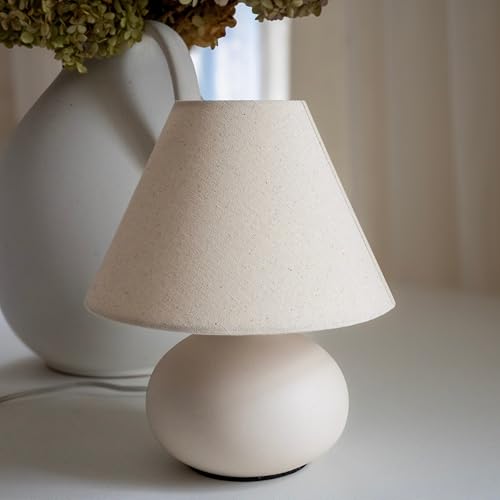 11" Small Table Lamp – Handmade Round Ceramic Cream Base with Off-White Fabric Shade, Dimmable Plug-in Nightstand or Accent Light – Organic Boho Japandi Decor for Bedroom or Small Spaces - color: Soft Linen Fabric Shade