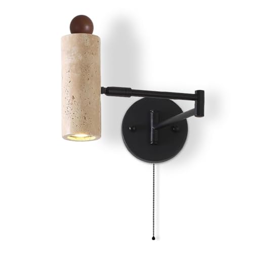 Modern Travertine Stone Wall Sconce, Adjustable Swing Arm Wall Lamp, Black Metal Base Pull Chain Switch Bedside Reading Spotlight for Bedroom Study Room Bedside - color: Walnut