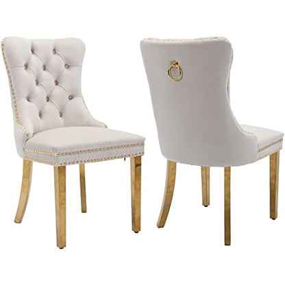 Beige Velvet Dining Chairs Set of 2, Tufted Kitchen & Dining Room Chairs | Two Fabric Dinning Chairs, Velvet Upholstered, Wing Back, Metal Pull Ring, Gold Legs, Wood Frame, Mid Century Modern - color: A-4 Beige Velvet, Gold Legs, size: 2